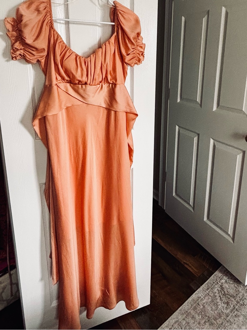 Women’s Peach Satin Midi Dress with Puff Sleeves